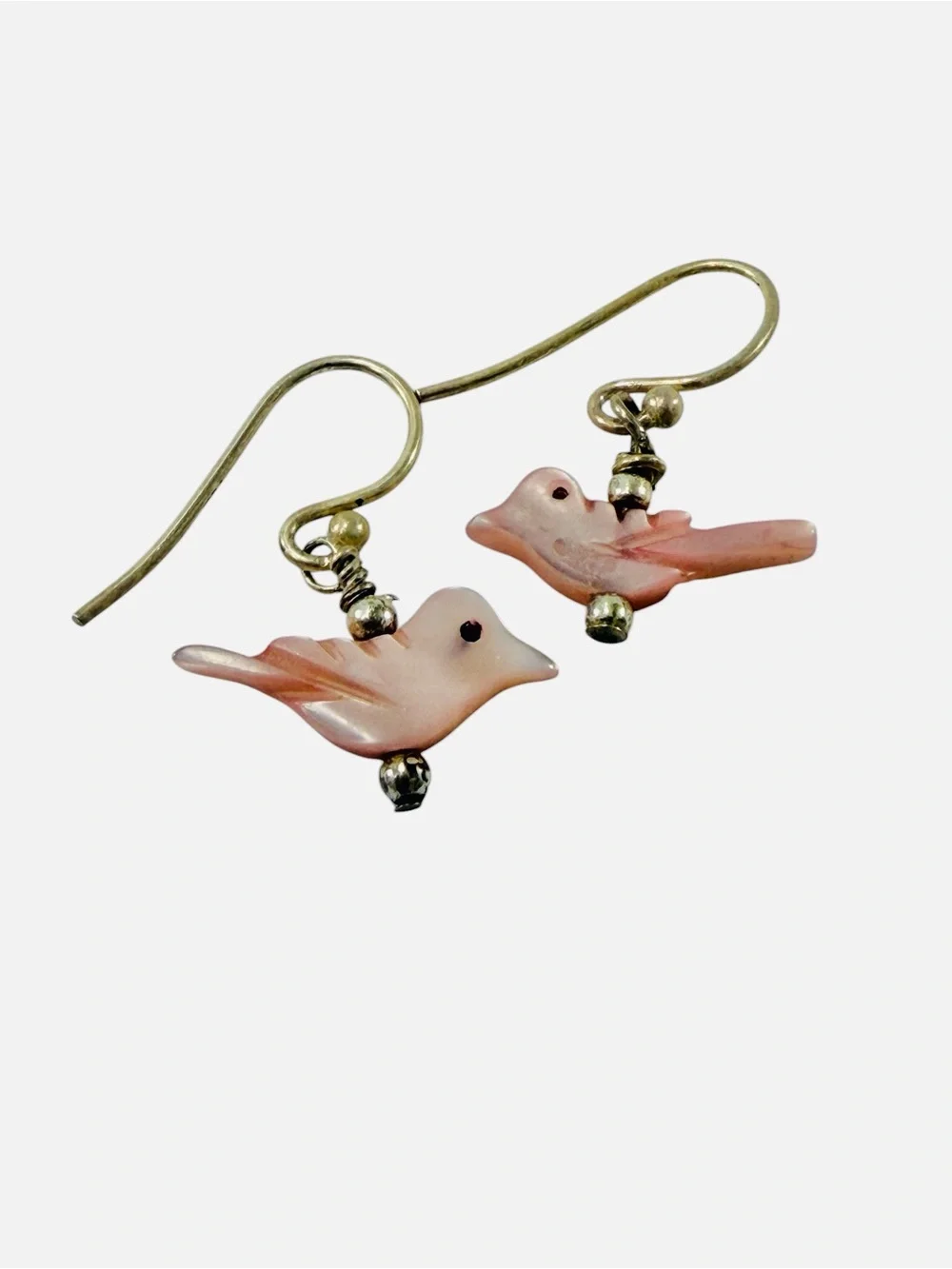 Sterling Silver Pink Mother Of Pearl Dove Bird Earrings Hook Carved Fetish